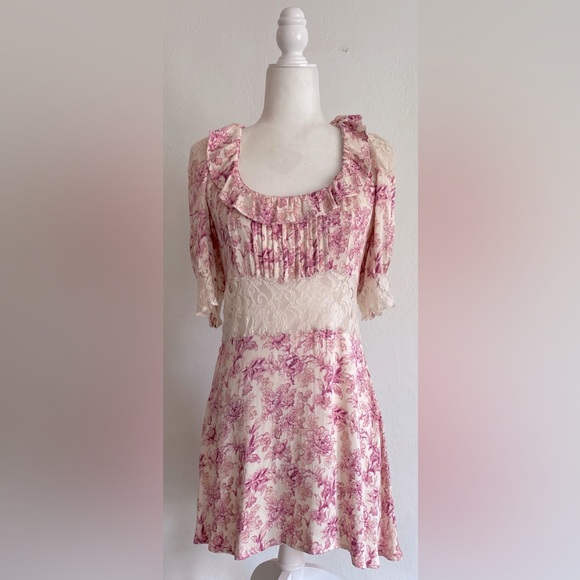 FREE PEOPLE Lucie Mini in Pink Combo Tie Back Dress w/ Lace - Picture 3 of 11